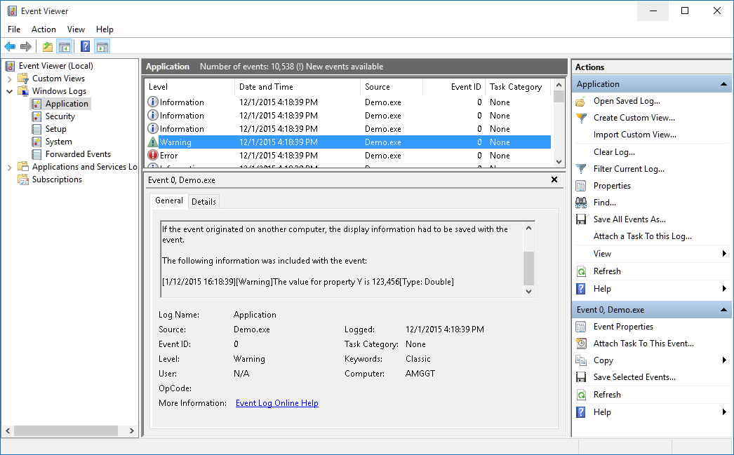 logging output eventlog