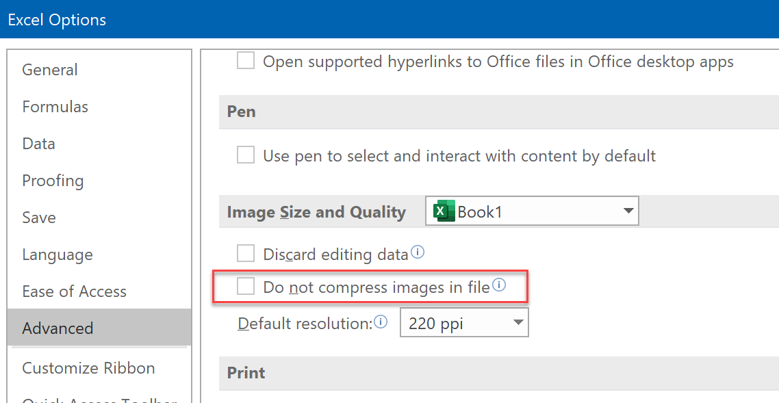 excel options compress images