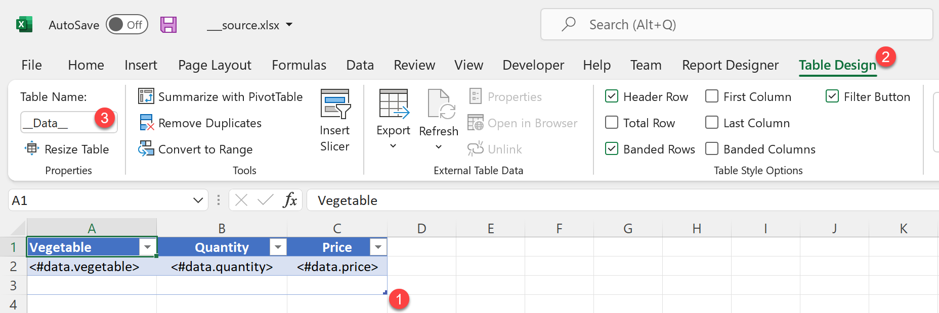 excel table band 1