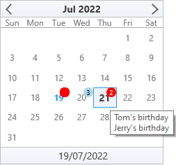 Calendar with event badges on dates