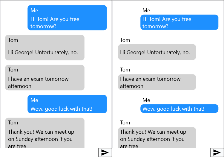 TTMSFNCChat showing left and right message bubbles