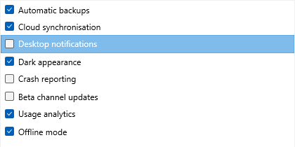 A checked list box of feature toggles: several items checked, and a different, unchecked item highlighted as the current selection
