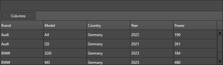 DataGrid with row and column dragging enabled (dark theme)
