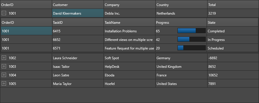 Master-detail grid (dark theme)
