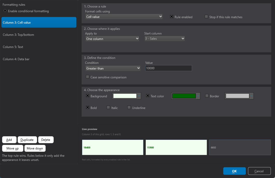 The same conditional formatting editor in the dark IDE theme