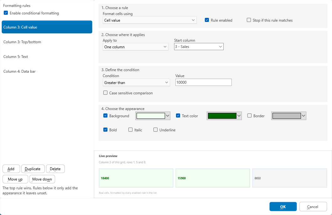 The design-time conditional formatting editor: rule list on the left, a four-step designer for a cell-value rule on the right, and a live preview of three real cells at the bottom