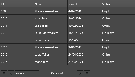DataGrid showing page 2 of 3 with the footer paging toolbar in dark theme