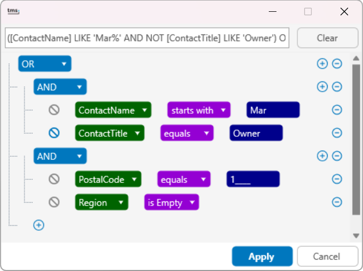 Dataset filter dialog