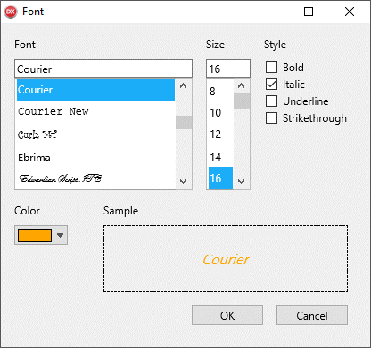 Font dialog with selected options