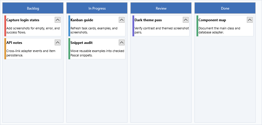 KanbanBoard with To Do, In Progress, and Done columns