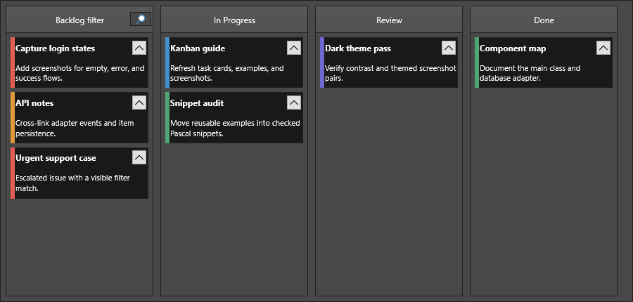 KanbanBoard column filter showing matching and non-matching items