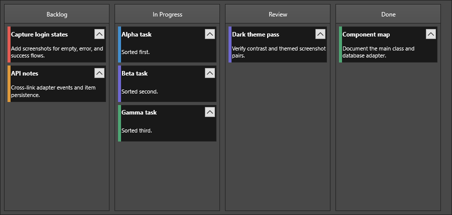 KanbanBoard column showing sorted task cards