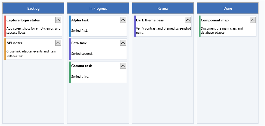 KanbanBoard column showing sorted task cards