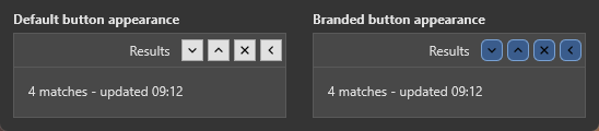 Two panels with the same four header buttons: the left one on the default square grey appearance, the right one with rounded blue-filled buttons