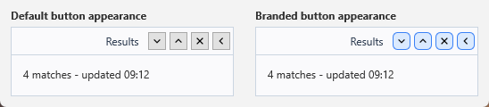 Two panels with the same four header buttons: the left one on the default square grey appearance, the right one with rounded blue-filled buttons