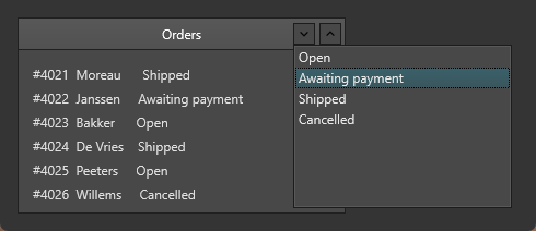 A panel titled Orders with its header drop-down open, showing a list of order-status filters in a popup below the header