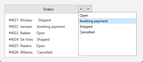 A panel titled Orders with its header drop-down open, showing a list of order-status filters in a popup below the header