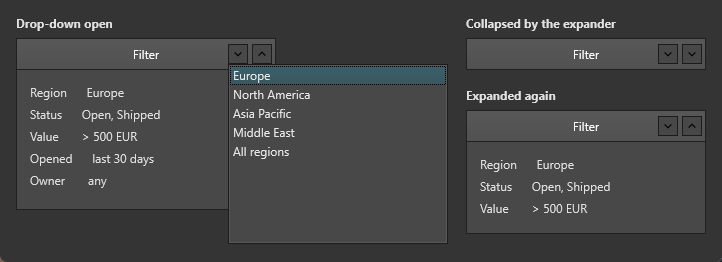 Three filter panels side by side: one expanded with its drop-down open, one collapsed to just its header, and one expanded again