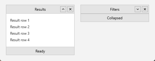 Two panels with header close and expander buttons and a footer: the left one expanded showing four result rows, the right one collapsed to just its header and footer with the expander glyph flipped