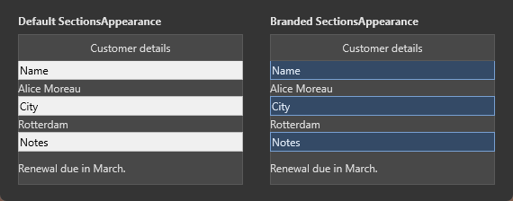 Two panels with identical sections: the left one on the default grey section bands, the right one with branded blue bands