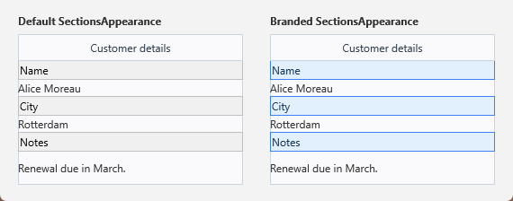 Two panels with identical sections: the left one on the default grey section bands, the right one with branded blue bands