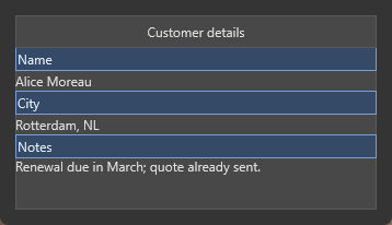 A panel titled Customer details with branded blue section bands for Name, City and Notes, each holding its own content