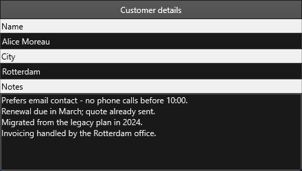 The same sectioned panel in the dark theme