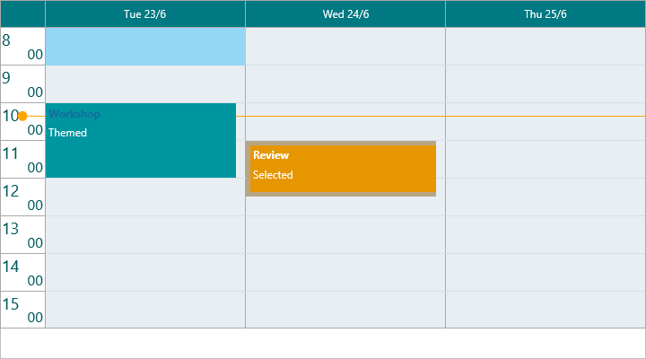 A planner styled with a teal header and item theme and an amber selected item
