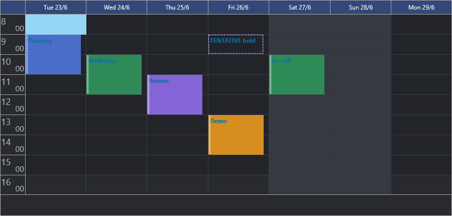 The same custom-drawn week planner in a dark theme