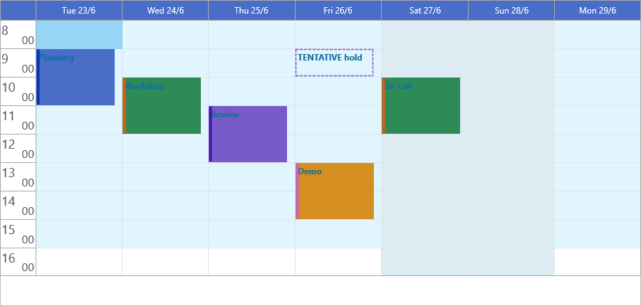 A week planner with a colored accent strip on every item, shaded weekend columns, and a tentative booking drawn as a dashed outline