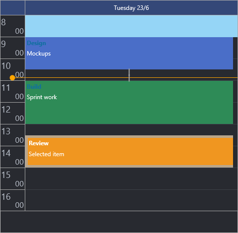 The same day view with linked tasks and a selected item in a dark theme