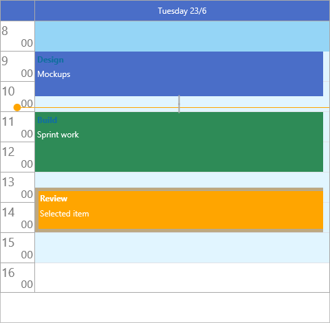 A day view with two linked dependent tasks and a selected item drawn in the active color