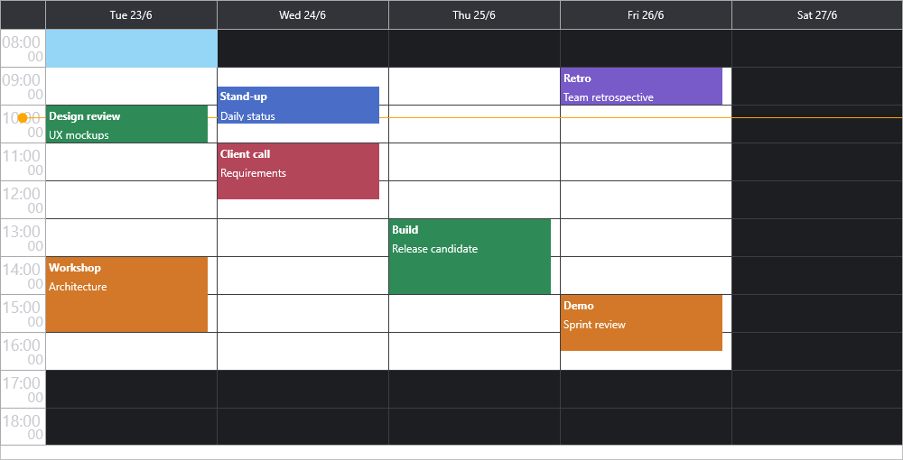 TMS FNC Planner showing a day view with scheduled items in a dark theme