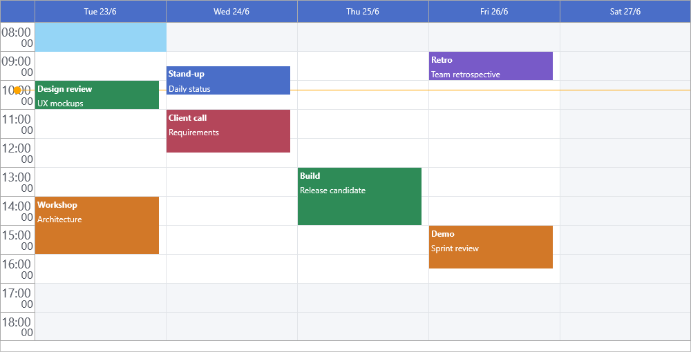 TMS FNC Planner showing a day view with scheduled items
