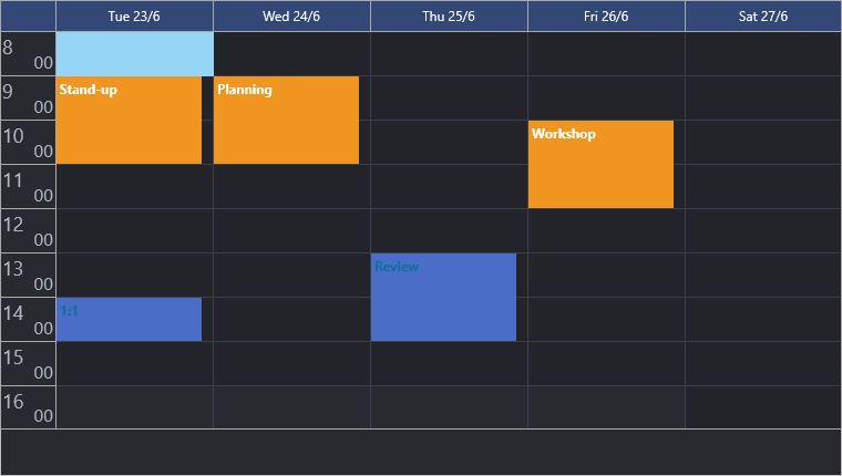 The same planner with the morning meetings selected, in a dark theme