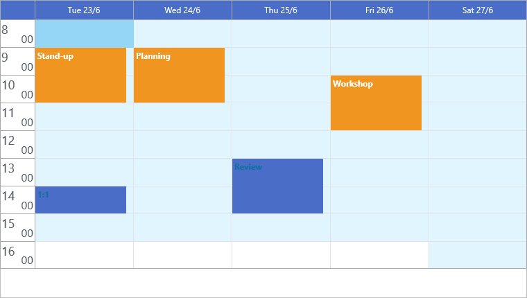 A week planner with the three morning meetings selected (shown in orange) and two afternoon items unselected (blue)