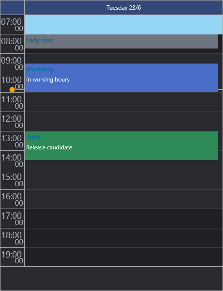 The same single-day timeline with the active band in a dark theme