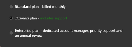 The same three HTML-labelled radio buttons in the dark theme