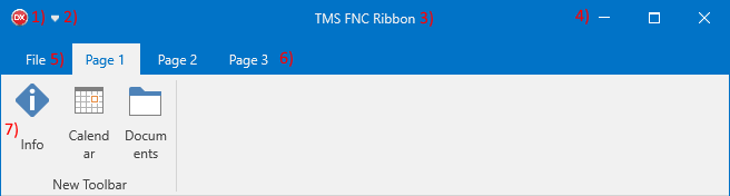 TTMSFNCRibbon anatomy — icon, QAT, caption, system menu, file button, page control, toolbars