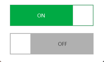 Two switches in sloExtended layout: one on, showing a white ON label on a green track, and one off, showing a dark OFF label on a grey track