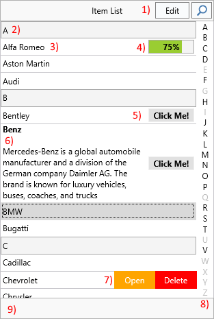 TableView anatomy showing Header, Section, Item, Accessory, LookupBar, and Footer areas