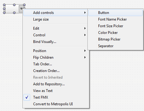 Toolbar context menu for adding controls