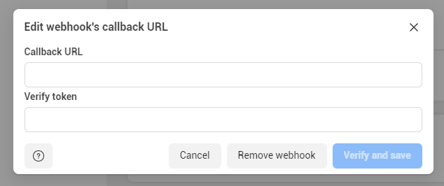 The Edit webhook's callback URL dialog with the Callback URL and Verify token fields and the Verify and save button