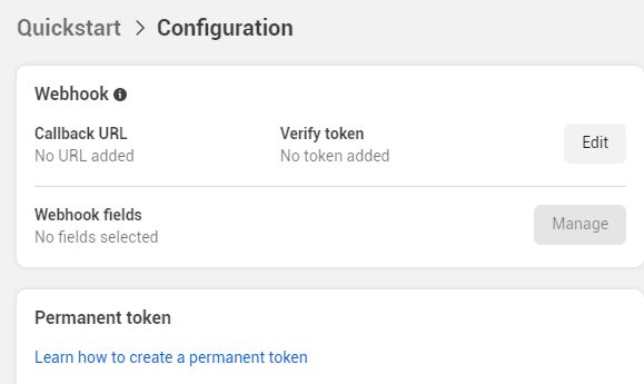 The WhatsApp Configuration page in the Meta app dashboard, with the Webhook section showing Callback URL, Verify token, and Webhook fields