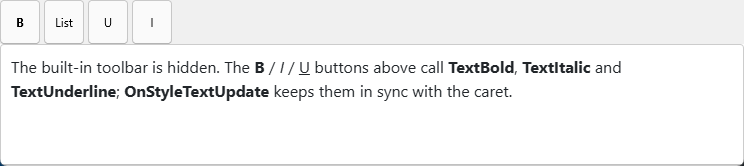 A TTMSFNCWXHTMLMemo with its built-in toolbar hidden, driven instead by the application's own B / I / U / List buttons above it.