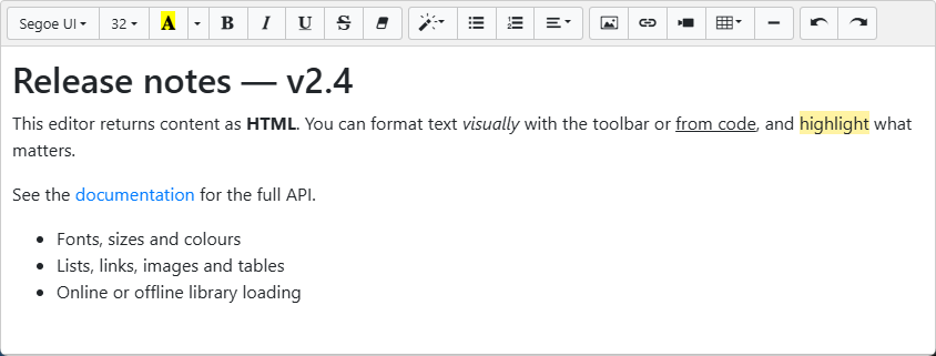 A TTMSFNCWXHTMLMemo on a form: a formatting toolbar above an editing area populated with a heading, formatted text, a highlight, a link and a bulleted list.