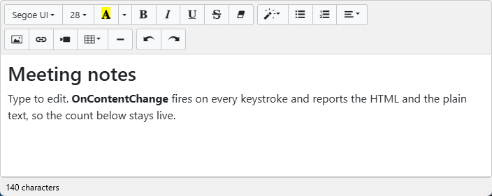 A TTMSFNCWXHTMLMemo editing meeting notes with a live "140 characters" status below it — the kind of feedback an OnContentChange handler drives.