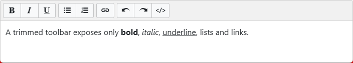A trimmed TTMSFNCWXHTMLMemo toolbar showing only bold, italic and underline, the two list buttons, a link button, undo/redo, and the raw-HTML code-view button — the result of disabling the other button groups.